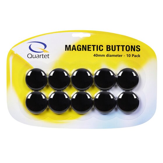 The QTTMB4000 pack: a Quartet card printed Magnetic Buttons, 40mm diameter, 10 Pack, with 10 black buttons in 2 rows under a clear blister on a yellow and white backing.