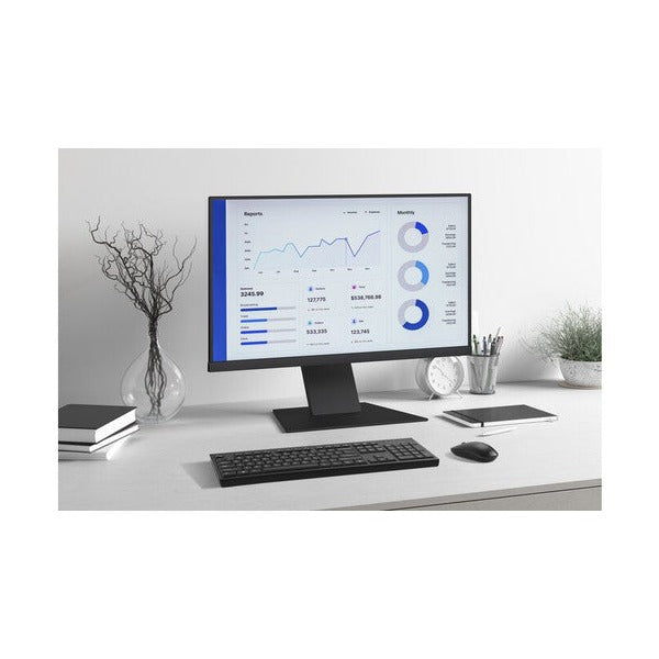 Kensington KB270 EQ Keyboard on a white desk under a monitor, with a mouse and desk accessories