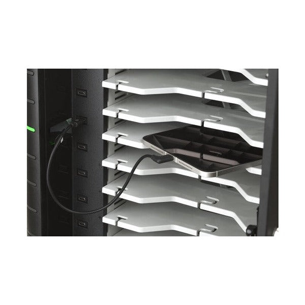 Kensington USB-C Charging Cable 10-pack shown plugged into a phone on a shelf inside a Kensington charging cabinet