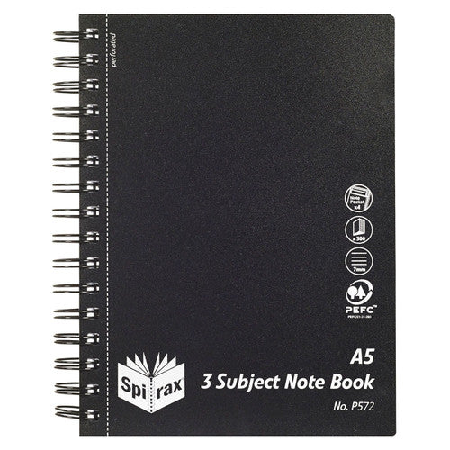 Spirax Polypropylene 3 Subject Notebook A5 Side Opening 300 Pages Black