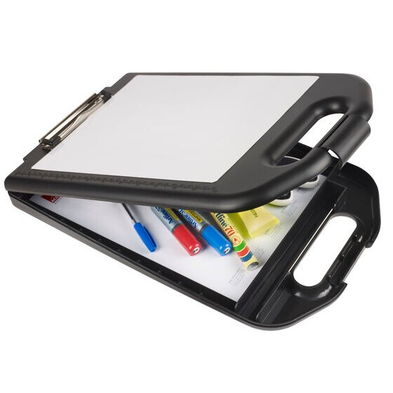 Marbig storage clipboard 0368510 with the lid raised, showing coloured markers and a highlighter placed in the compartment