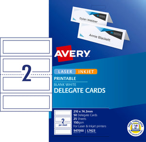 Avery Delegate Cards Laser Embossed 2/Sht 210 x 74.25mm 150gsm Pack 25 2UP