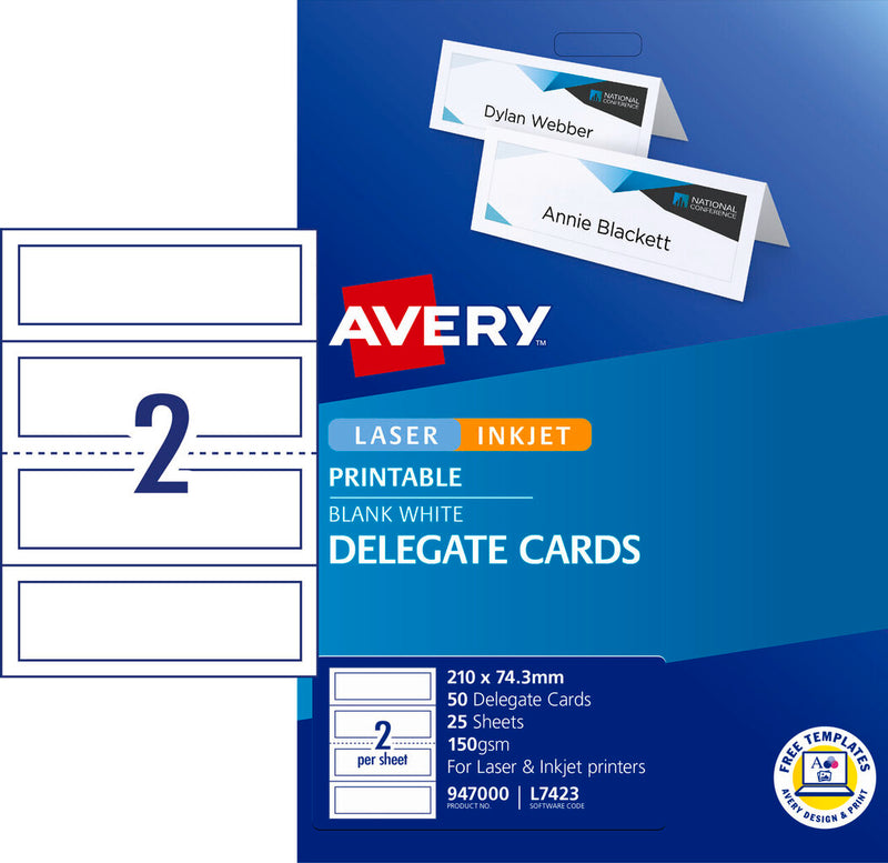 Avery Delegate Cards Laser Embossed 2/Sht 210 x 74.25mm 150gsm Pack 25 2UP