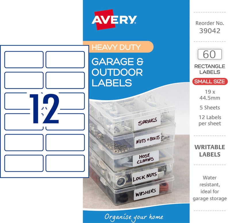 Avery Garage and Outdoor Labels Rectangle 19x44.5mm White 5 Pack 12UP