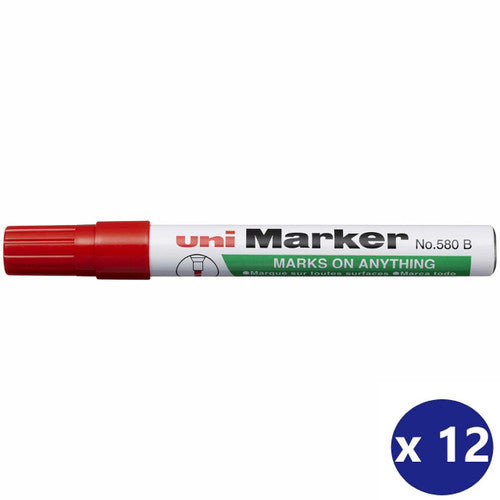 Uni Permanent Marker 580 Chisel Tip 5mm Red Box of 12