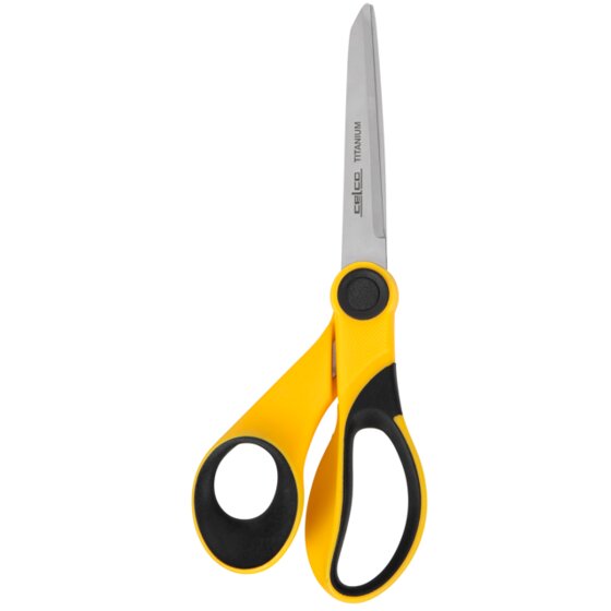 ACCO product photograph for code 975453 showing a single yellow and black handled pair of scissors with celco TITANIUM printed along the blade