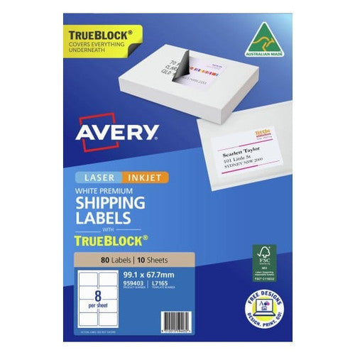 Avery White TrueBlock Internet Shipping Labels L7165 80 Pack 99.1 x 67.7mm 8UP