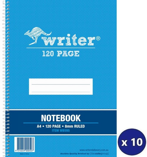 Writer A4 Note Book 120 Page 8mm Ruled Side Spiral Pack of 10