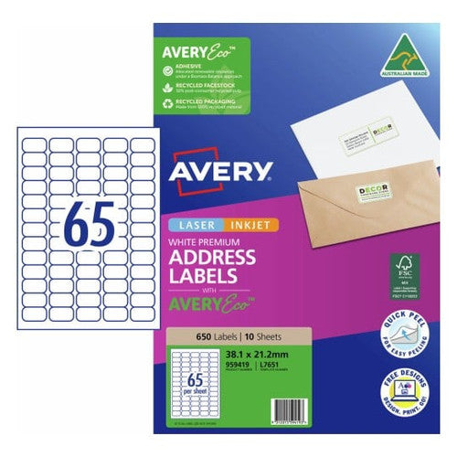 AveryEco Quick Peel Address Labels with Sure Feed L7651 10 Pack 38.1 x 21.2mm Laser Inkjet White