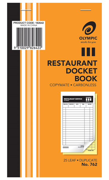 Olympic Restaurant Docket Book 762 25 Pages 93 x 165mm Pack of 5