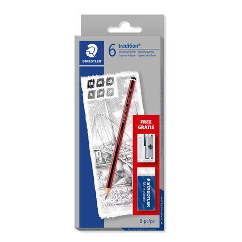 Staedtler 61 110 C6 Tradition Sketching Graphite Pencils Set of 6 Plus Accessories