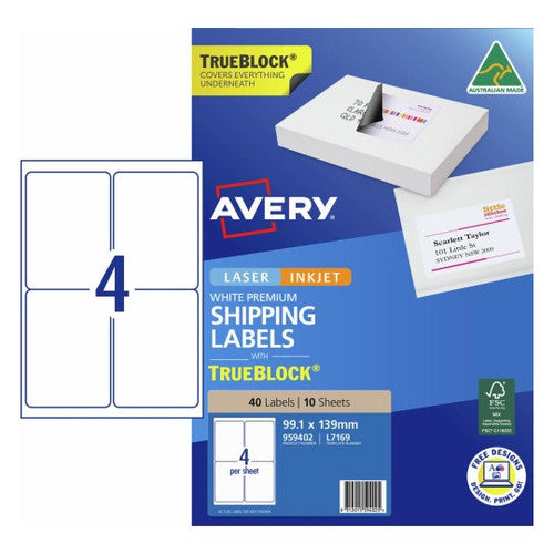 Avery White TrueBlock Internet Shipping Labels L7169 40 Pack 99.1 x 139mm 4UP