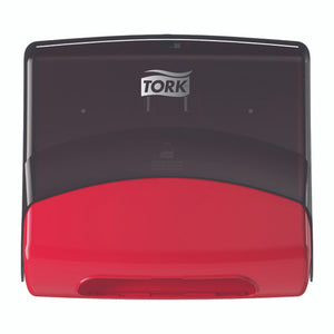 Dark smoke Tork wiper cloth dispenser with a red lower panel, shown closed from the front