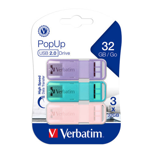 Verbatim Pop Up USB 20 Triple Pack 32GB Assorted Pastel Colours