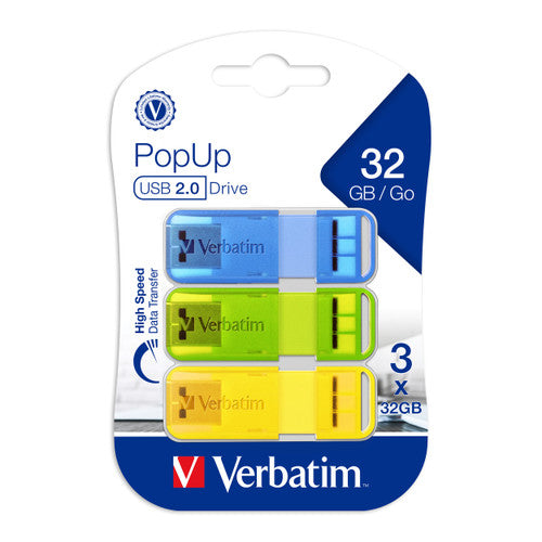 Verbatim Pop Up USB 2.0 Triple Pack 32GB Assorted Bright Colours