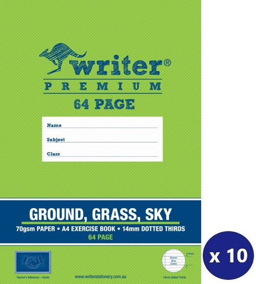 Writer Premium Ground Grass Sky Exercise Book A4 64 Page 14mm Dotted Thirds Hands Cover Pack 10 — front cover