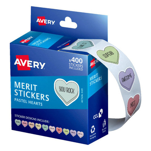 Avery Dispenser Merit Stickers Pastel Hearts 400 Roll