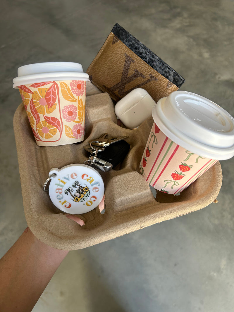 Creative Cafe Co 8oz Orange & 90s Flower home compostable takeaway coffee cup 90mm