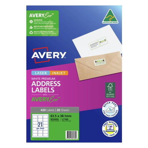 AveryEco Quick Peel Address Labels with Sure Feed L7160 420 Pack 63.5 x 38.1mm Laser White 21UP