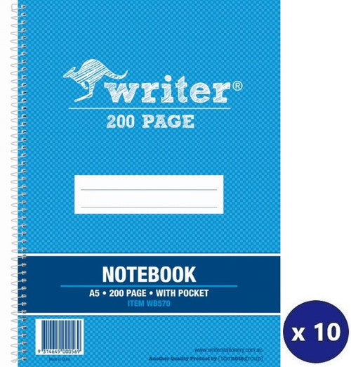 Writer A5 Note Book 200 Page with Pocket Side Spiral Pack of 10
