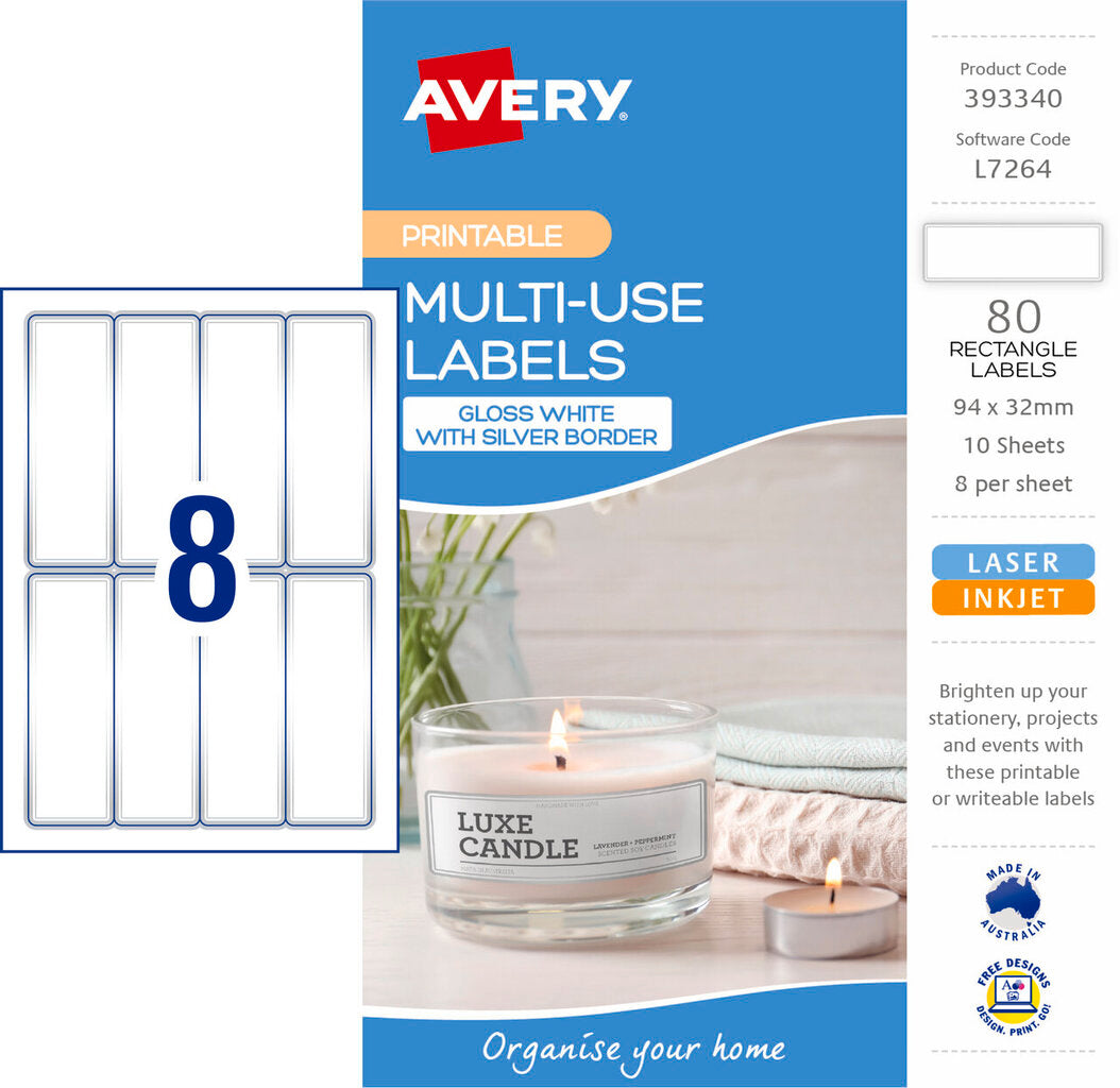 Avery Multi Use Labels With Silver Border 10 Pack 94x32mm Laser Inkjet 8UP