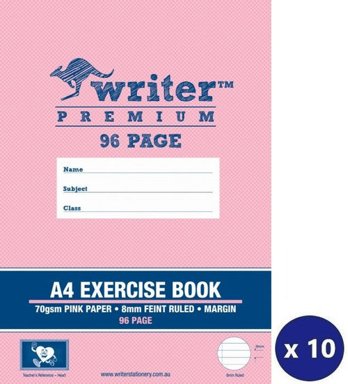Writer Premium Exercise Book A4 96 Page 8mm Ruled Red Margin Pink Heart Cover Pack 10 — front cover