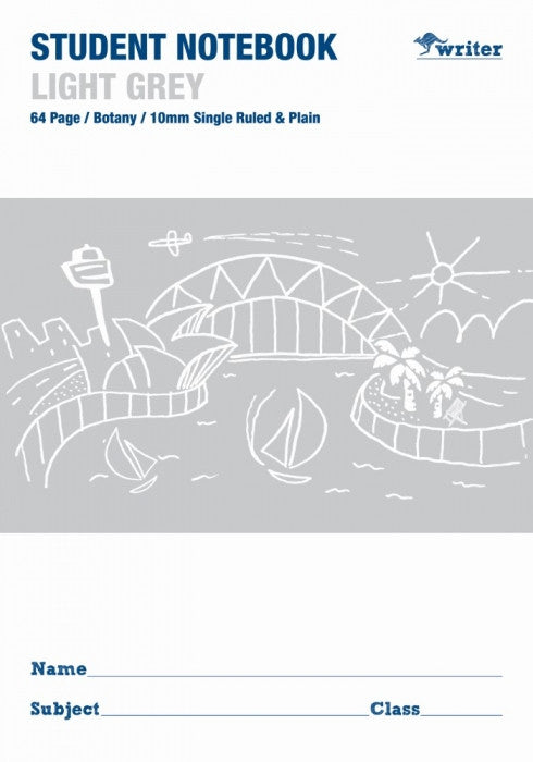 Light grey student notebook cover with illustrations of a bridge and boats, and text indicating 64 pages, botany theme, and 10mm single ruled & plain format.