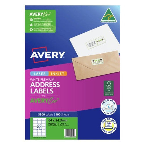 AveryEco Quick Peel Address Labels with Sure Feed L7157 3300 Pack 64 x 24.3mm Laser White 33UP