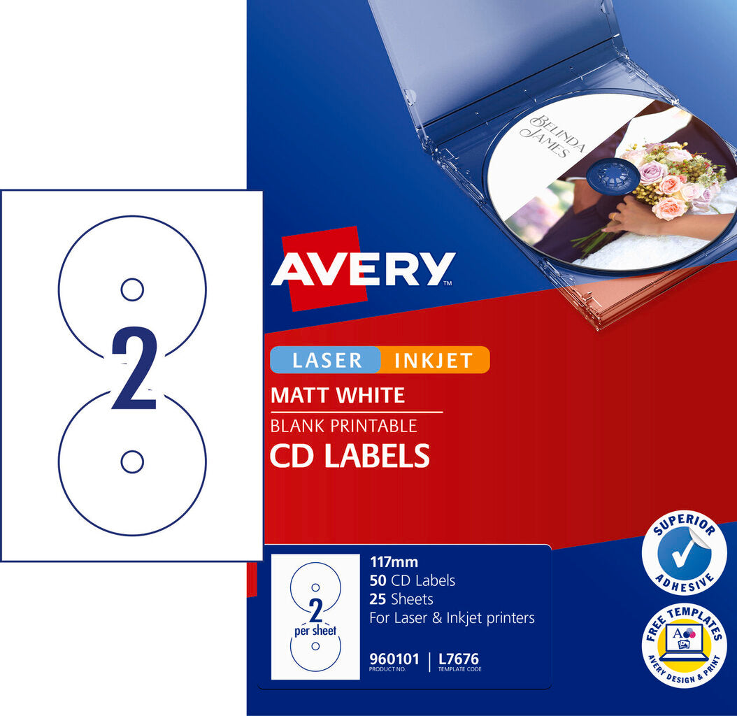 Avery White Full Face CD Labels L7676 50 Pack 117mm Diameter 2UP