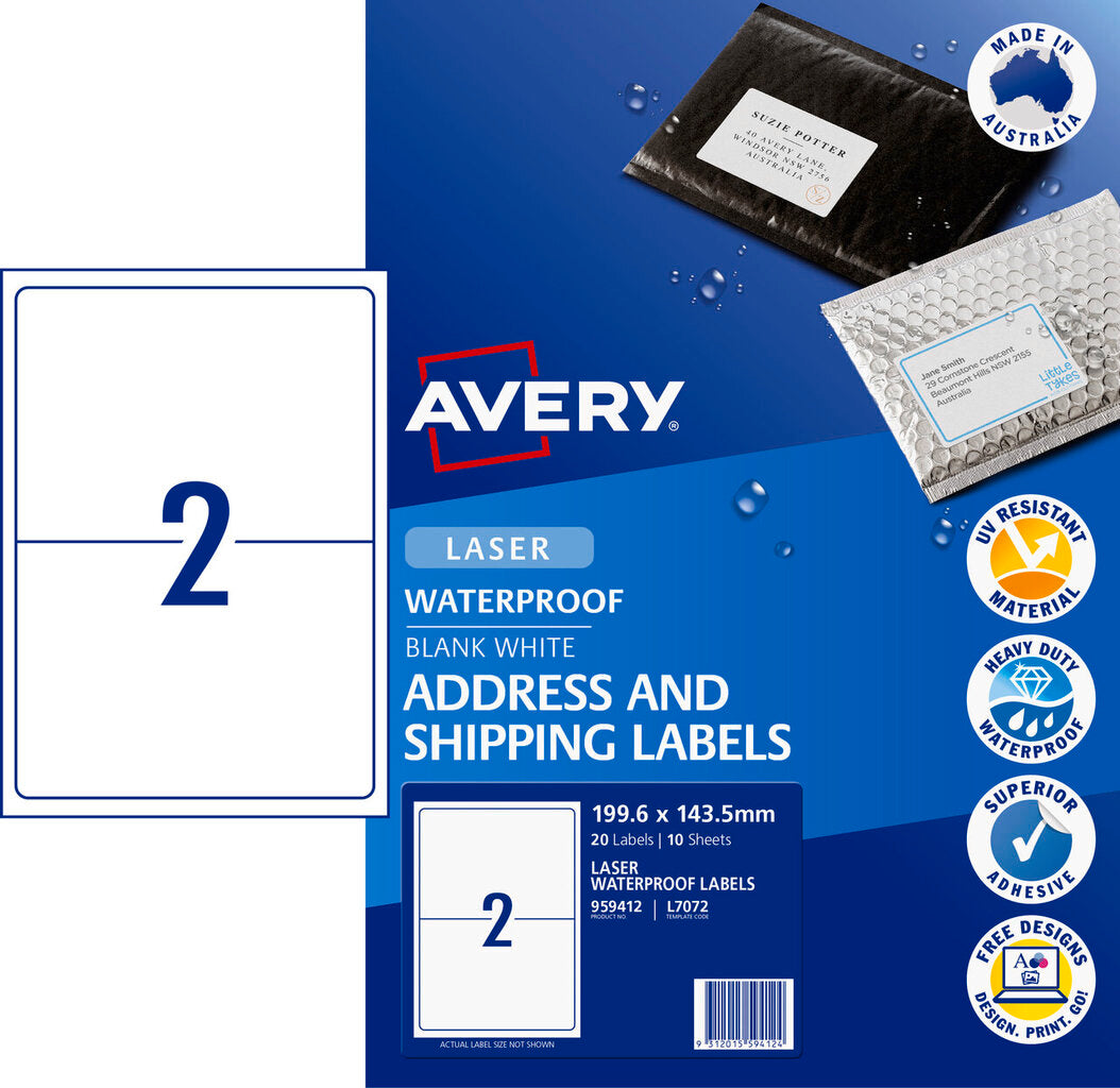 Avery Weatherproof Shipping Labels L7072 10 Pack 199.6 x 143.5mm Laser White