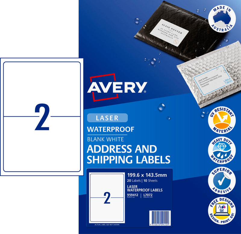 Avery Weatherproof Shipping Labels L7072 10 Pack 199.6 x 143.5mm Laser White
