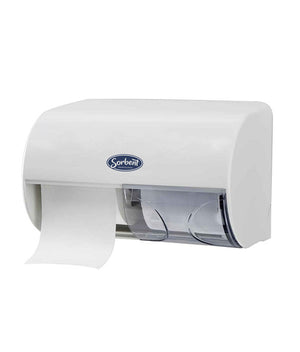 Sorbent Professional 25502 double toilet tissue dispenser in white, a roll with a sheet hanging at the left and a clear window over the second roll at the right