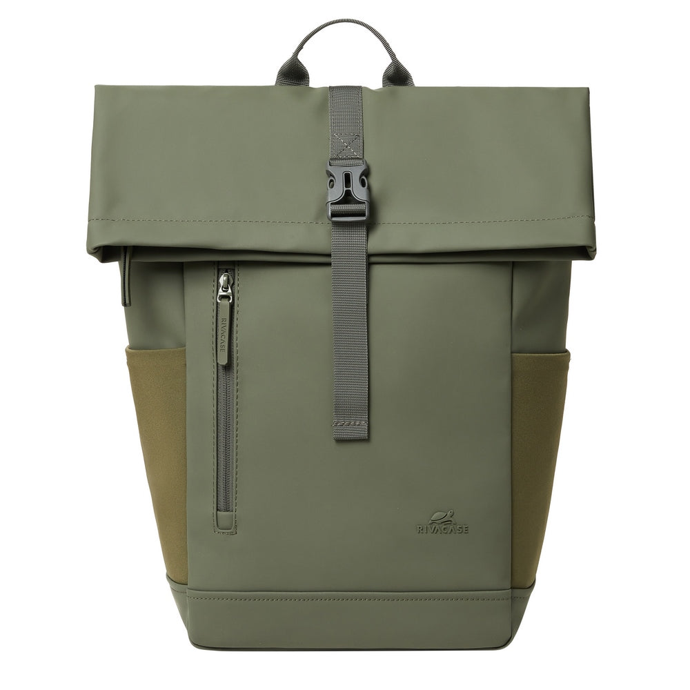 Rivacase 7826 Eden ECO Roll-Top Backpack 17L Olive Green - side view showing roll-top and buckle closure