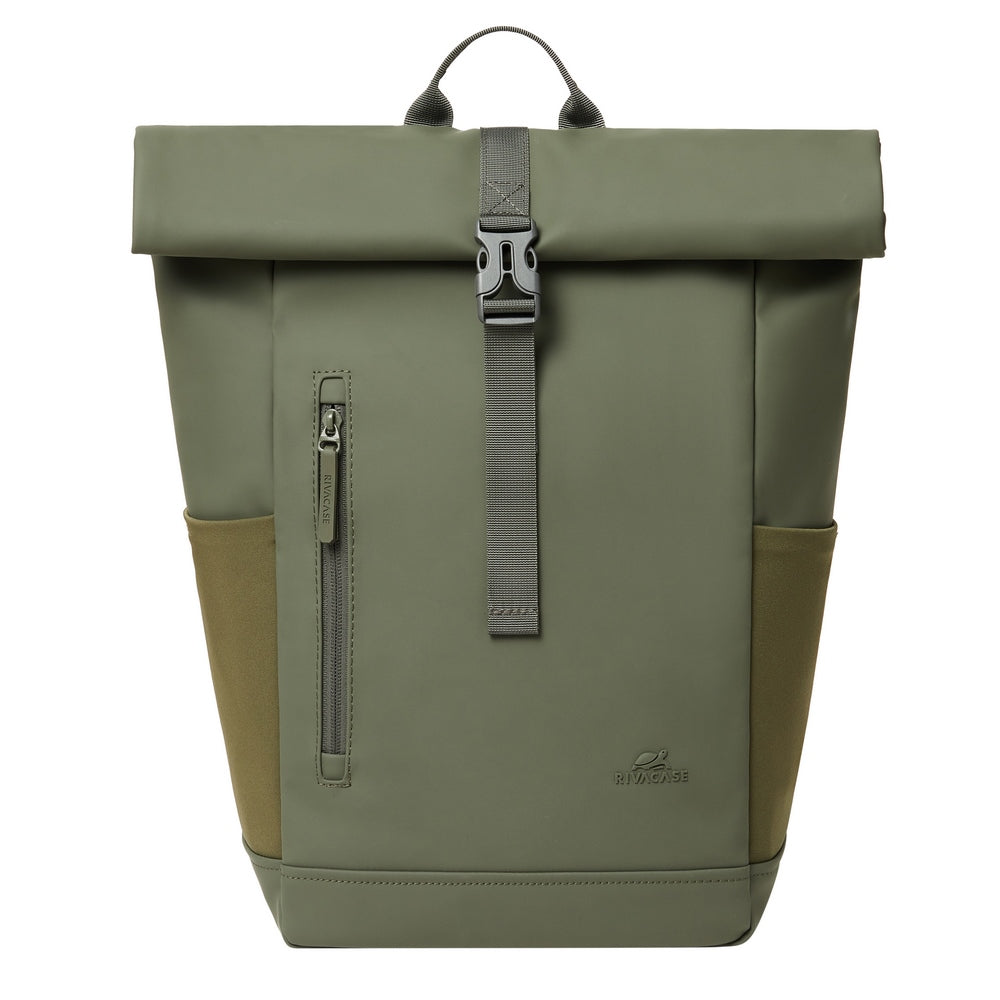 Rivacase 7826 Eden ECO Roll-Top Backpack 17L Olive Green - rear showing airflow back panel and padded straps