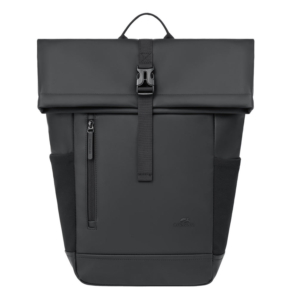 Rivacase 7826 Eden ECO Roll-Top Backpack 17L Black - side view showing roll-top closure and buckle strap detail