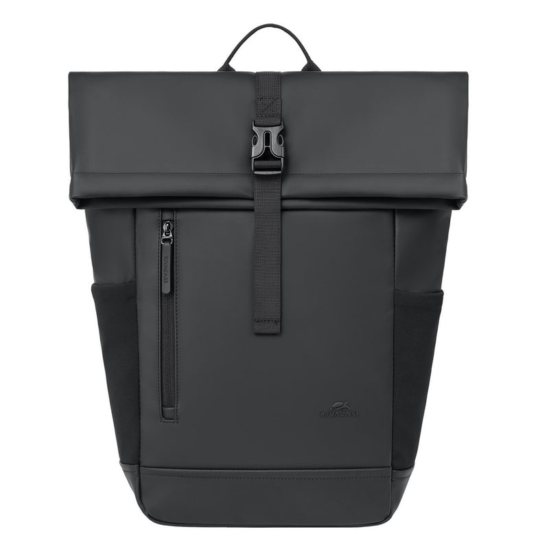 Rivacase 7826 Eden ECO Roll-Top Backpack 17L Black - side view showing roll-top closure and buckle strap detail