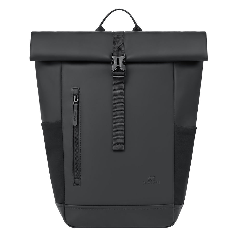 Rivacase 7826 Eden ECO Roll-Top Backpack 17L Black - rear view showing airflow back panel and padded shoulder straps