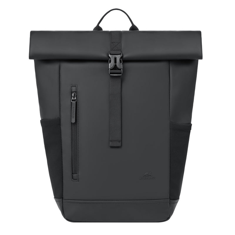 Rivacase 7826 Eden ECO Roll-Top Backpack 17L Black - rear view showing airflow back panel and padded shoulder straps