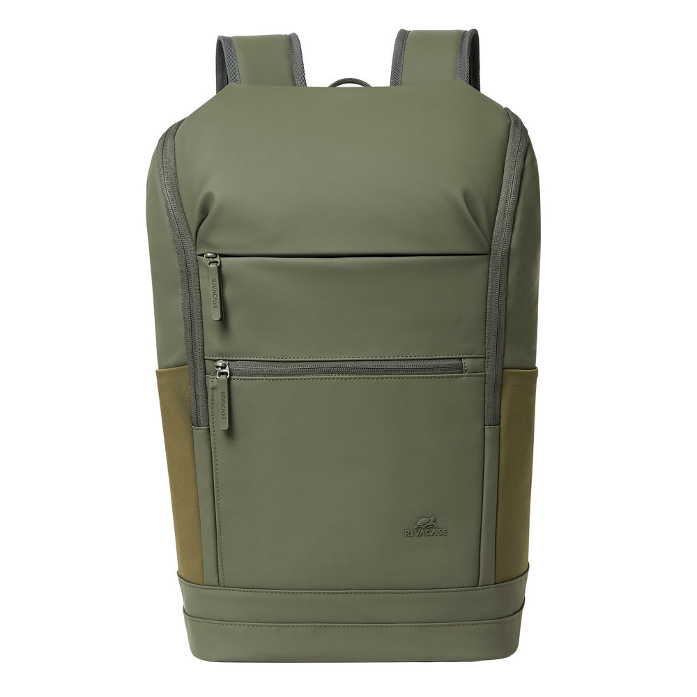 Rivacase 7856 Eden ECO Urban Backpack 20L Olive Green - side view showing front zippered pockets and side water bottle pockets