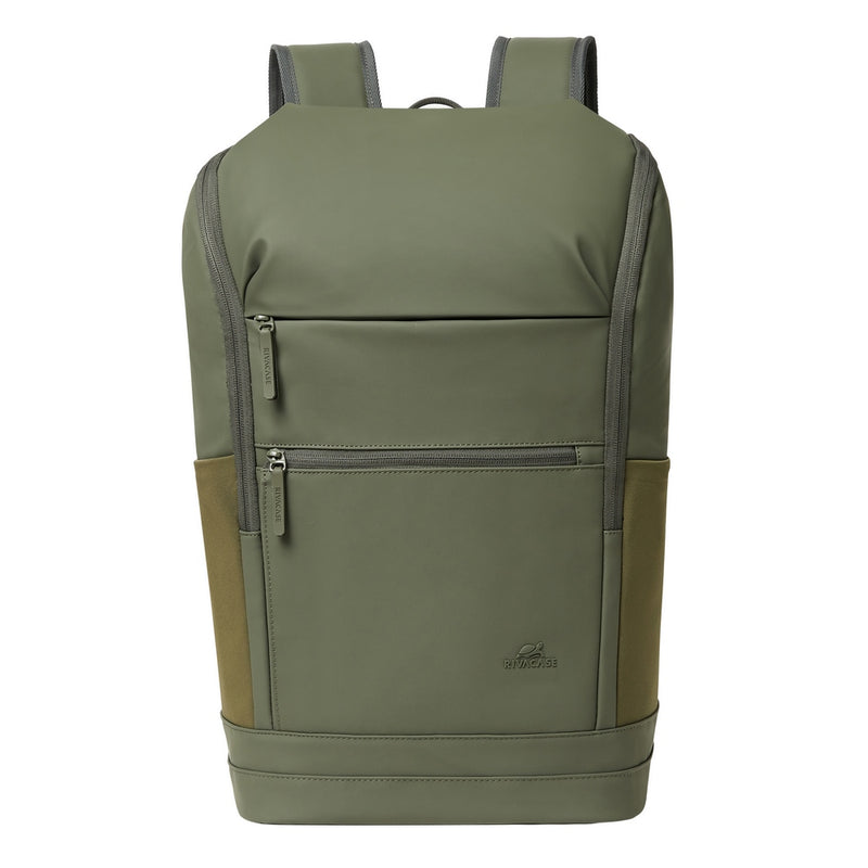 Rivacase 7856 Eden ECO Urban Backpack 20L Olive Green - side view showing front zippered pockets and side water bottle pockets