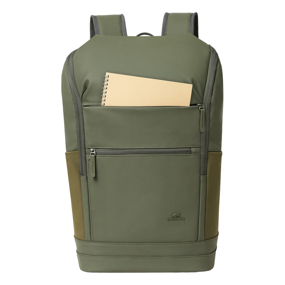 Rivacase 7856 Eden ECO Urban Backpack 20L Olive Green - rear view showing ergonomic airflow back panel and padded shoulder straps
