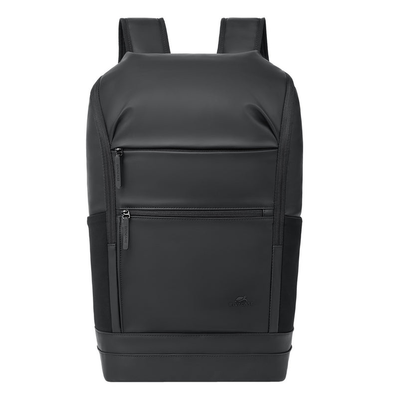 Rivacase 7856 Eden ECO Urban Backpack 20L Black - side view showing front pockets and side water bottle holders