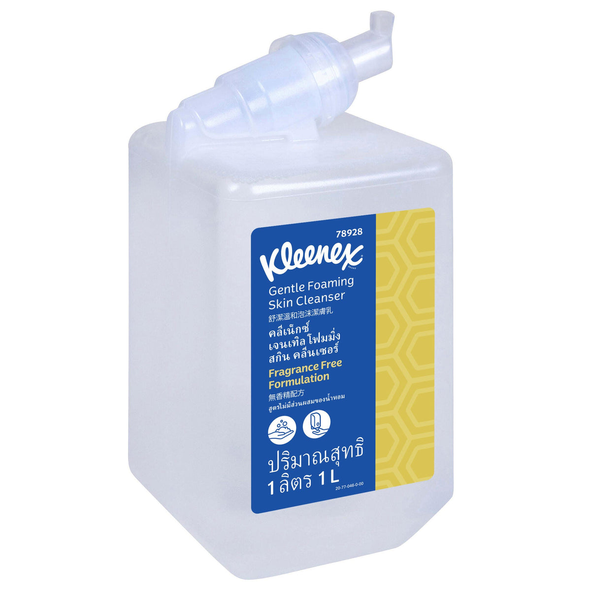 Single Kleenex Gentle Foaming Skin Cleanser 78928 cartridge, a clear 1 litre bottle with a blue and yellow label marked Fragrance Free Formulation and 1L, on a white background
