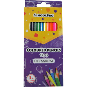 SchoolPro Coloured Pencils box in purple and yellow printed 12PCS and HEXAGONAL, with a window showing the coloured pencil ends and a hang tab at the top