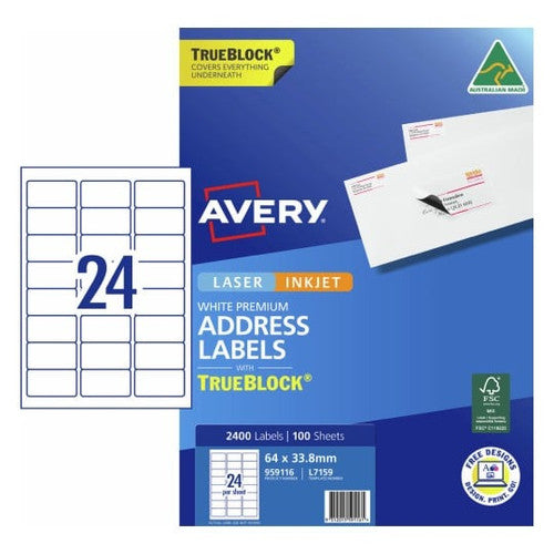 Avery Premium Address Labels with Trueblock L7159 2400 Pack 64 x 33.8mm Laser White 24UP 100 Sheets