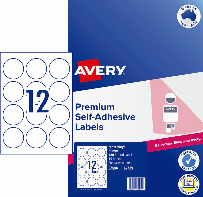 Avery Durable Round Labels L7589 10 Pack 60mm Diameter 12UP