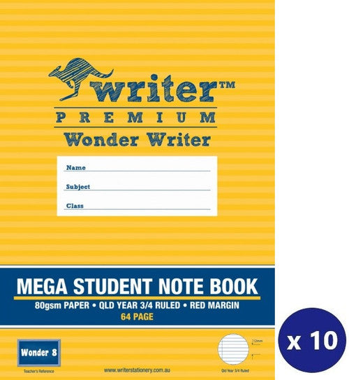 Writer Premium Wonder Writer A4 64 Page QLD Year 3 4 Ruled 80gsm Mega Student Notebook Pack 10 — front cover