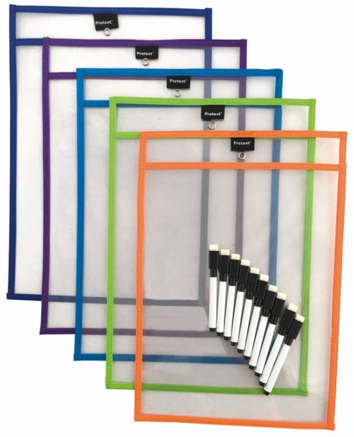 Protext Rewritable Student Pocket A3 Clear Assorted Colour Trim with Marker Pack 5 — front view