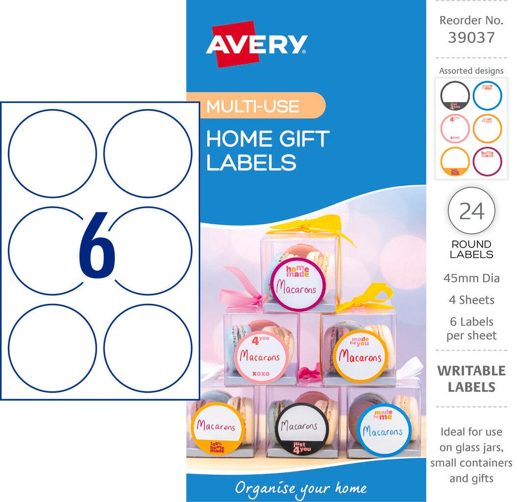 Avery Home Gift Labels Round 45mm Assorted Colours 4 Pack 6UP