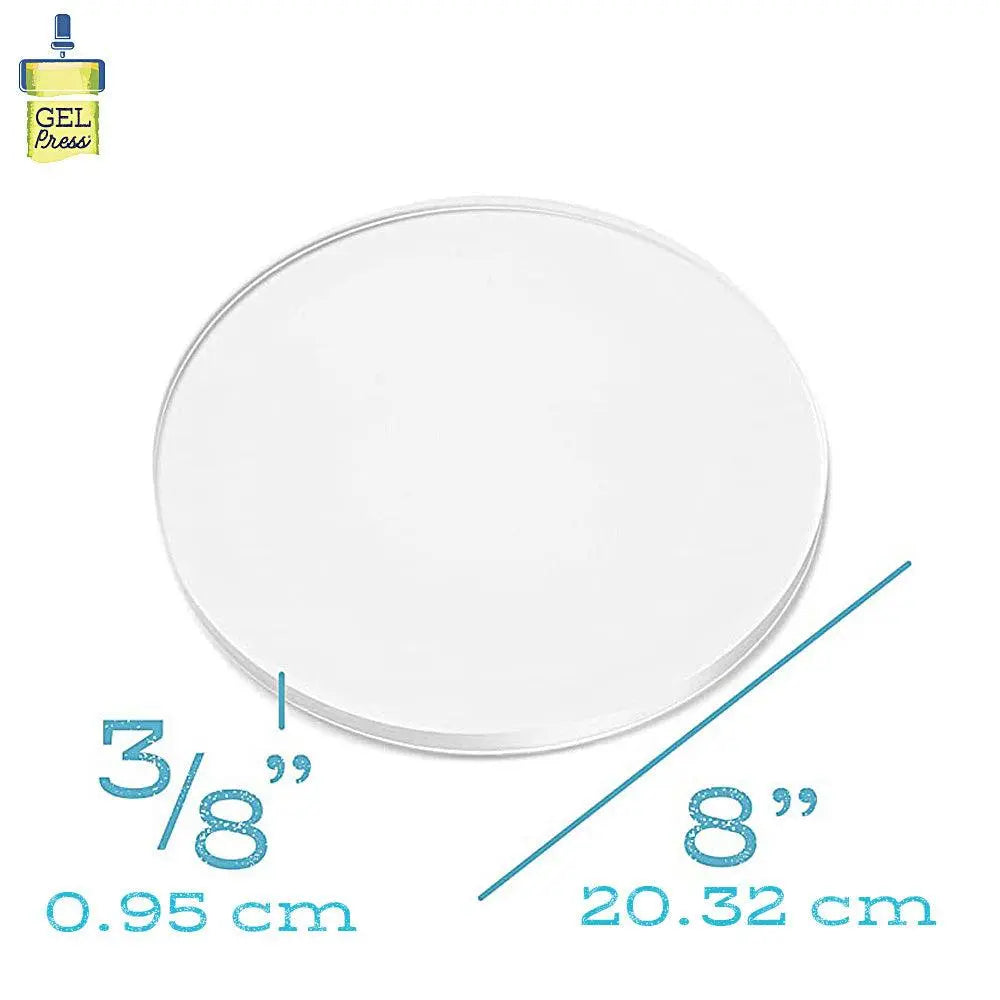 Gel Press dimension drawing of the clear 8 inch round gel plate, marked 8 inches or 20.32 cm across and 3/8 inch or 0.95 cm thick